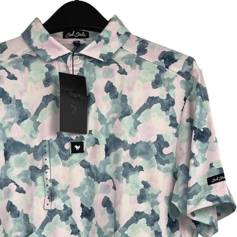 NEW Bad Birdie Golf Polo Mirage Oasis Mens M Core Performance Pink Green Camo
